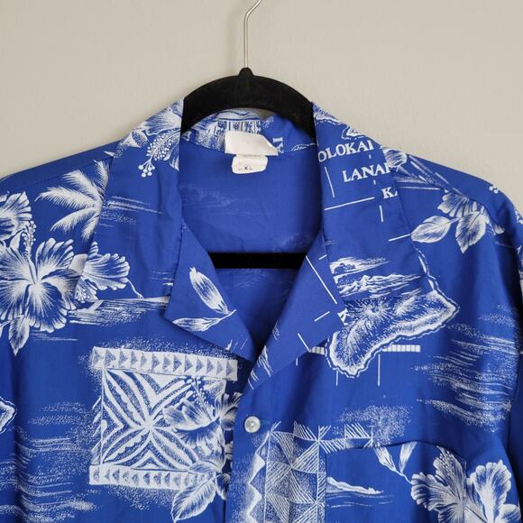 Vintage Aikane Hawaii Retro Blue Palm Tree Tropical Print Button Down Shirt XL - Picture 7 of 8